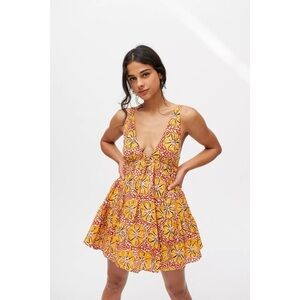 Urban Outfitters Claudette Plunging Frock Dress, Orange/Red, Size XS